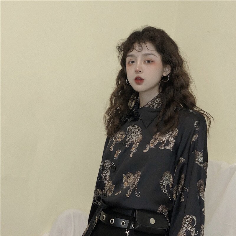 Vintage leopard bluse kvinder harajuku dyreprint skjorte sommer damer løs blusa streetwear camisas mujer