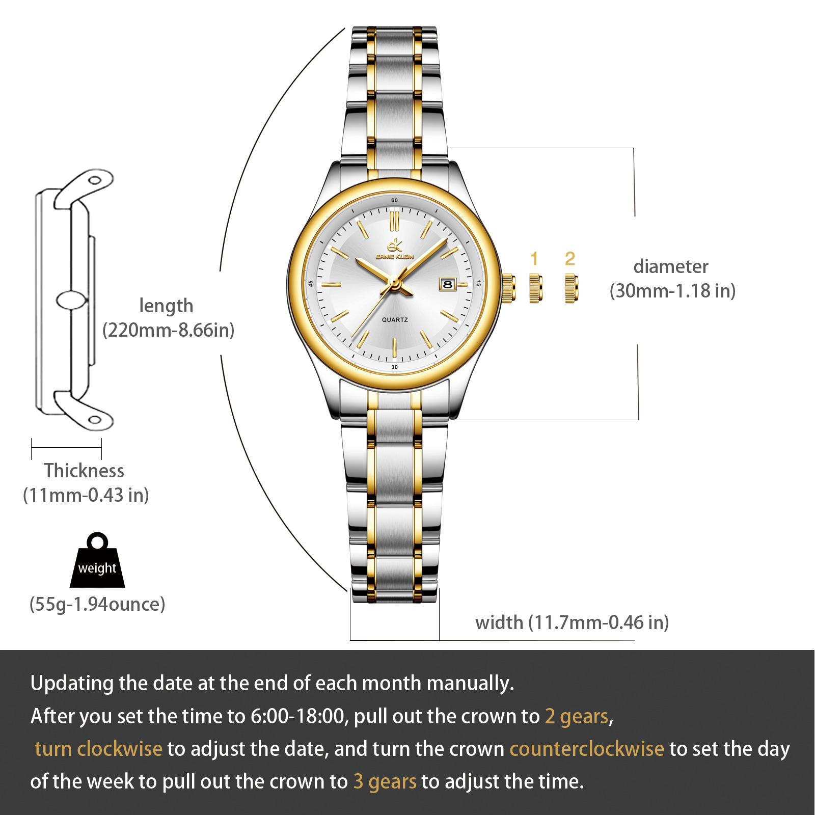 ERNIE KLEIN dameshorloge luxe gouden horloge OriginalDate Week roestvrij staal waterdicht lichtgevende elegante jurk dameshorloges