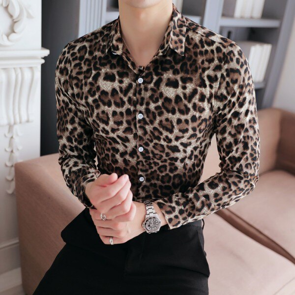 WSGYJ Brand Men's Shirt Brand Slim Fit Casual Leopard Print Social Shirts Dress Long Sleeve Plus Size Night Club Prom Tuxedo 5XL: Dark Brown Shirt / Chinese Size 5XL