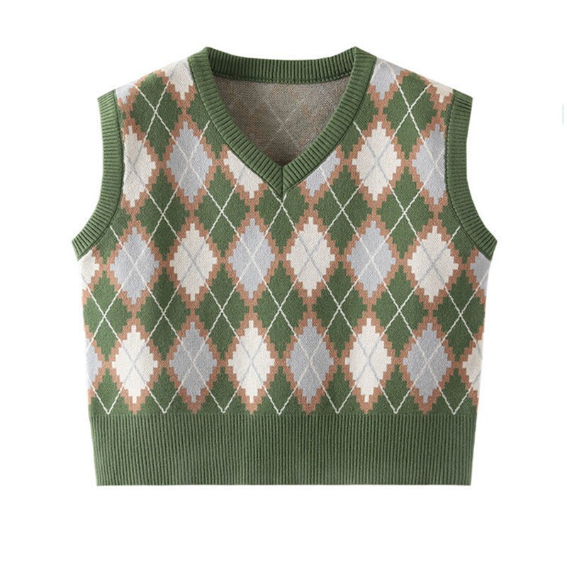 Chaleco de punto de estilo pijo para mujer, suéter de rombos sin mangas a cuadros, prendas de vestir cortas, Top holgado informal con cuello en V