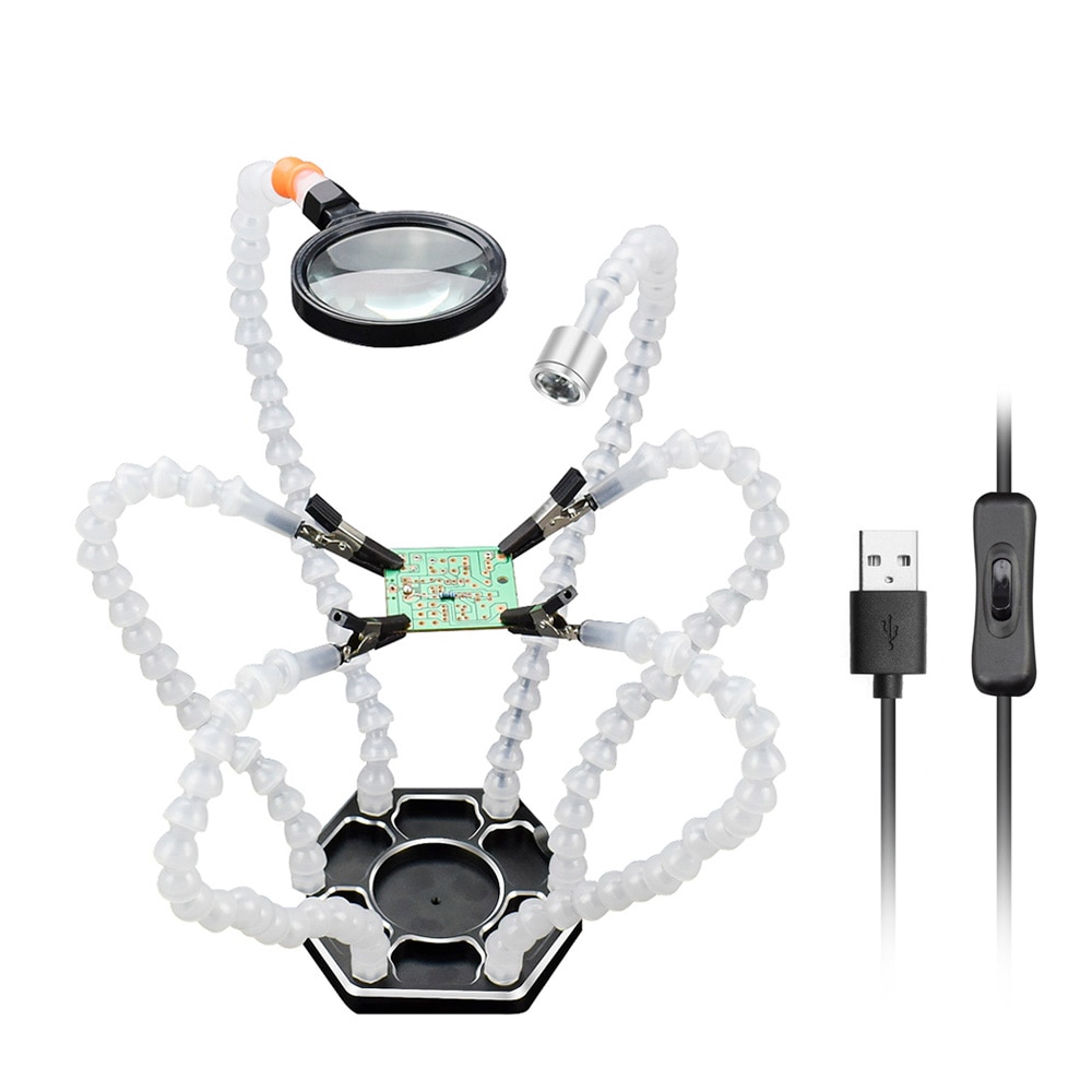 Toolour Helping Hands Third Arm Soldering Work Station 6 Flexible Arms with Precision 360 Degree Alligator Clip USB 3X Magnifier