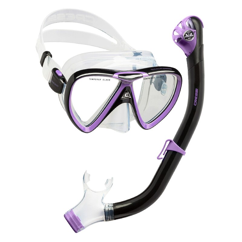 Cressi IKARUS-máscara de buceo, conjunto de esnórquel, máscara de silicona de secado superior, Combo de lentes de vidrio templado para adultos: BLACK LILAC