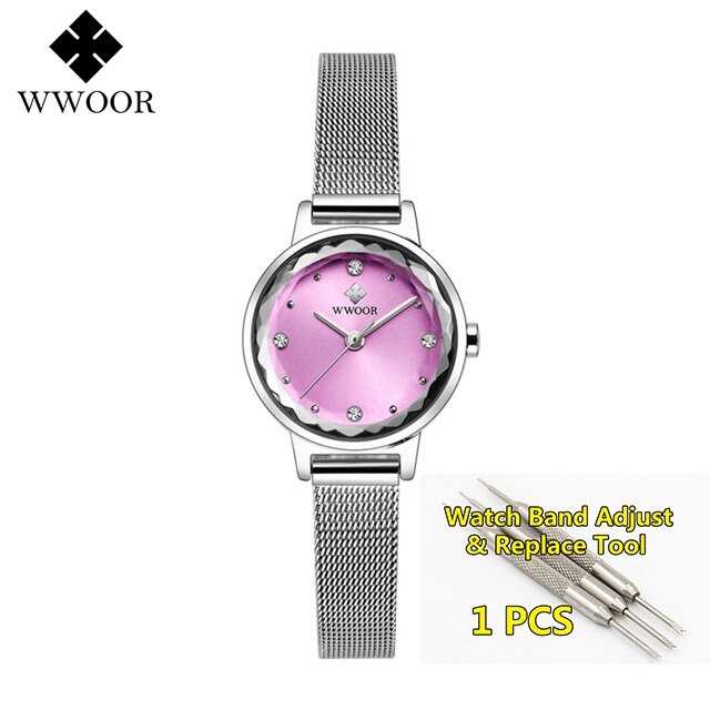 Armbinde Uhren Frauen Luxus WWOOR oben Wasserdichte Stahl Gurt Kristall Damen Handgelenk Uhren Relogio Feminino: Silber- Rosa