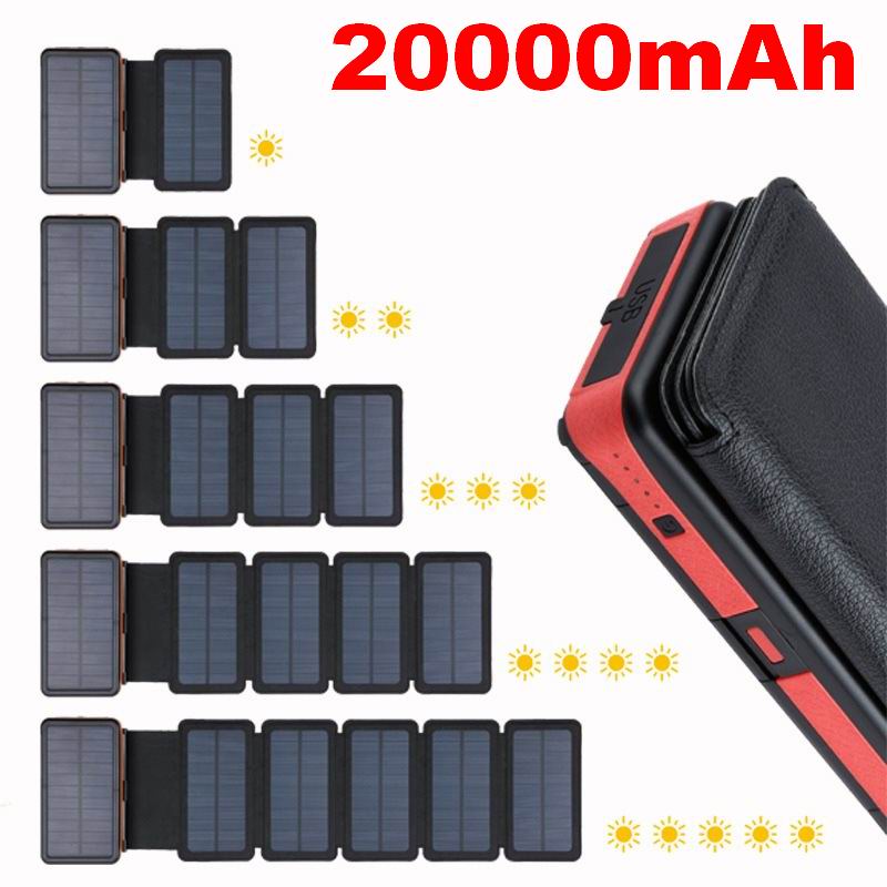 Banco de energía Solar LED plegable, cargador de Panel Solar portátil de 20000mAh, batería externa, Banco de energía Solar para teléfono