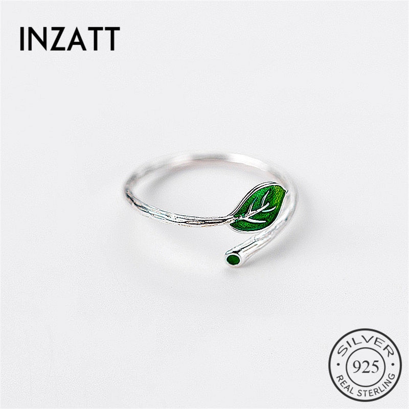 Inzatt Real 925 Sterling Zilver Groen Emaille Leaf Vintage Verstelbare Ring Elegante Fijne Sieraden Voor Vrouwen Party Accessoires Cadeau