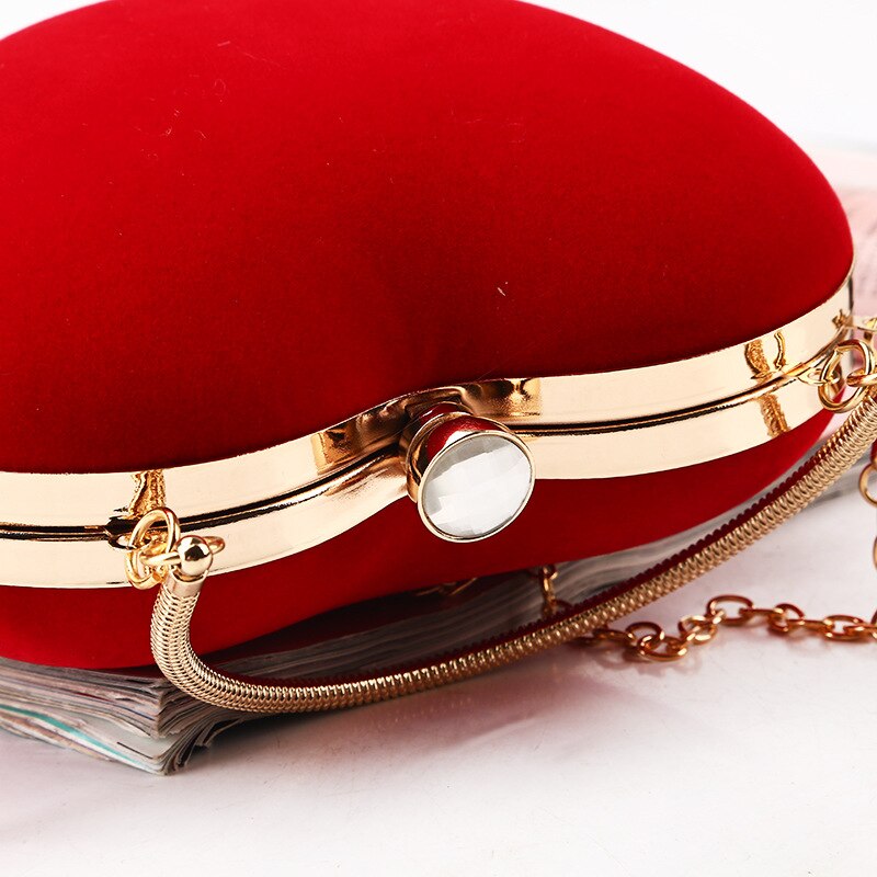 Rote herz-clutch für damen, kleine diamanten, goldener samt, abendtasche, party- und hochzeitshandtasche für damen