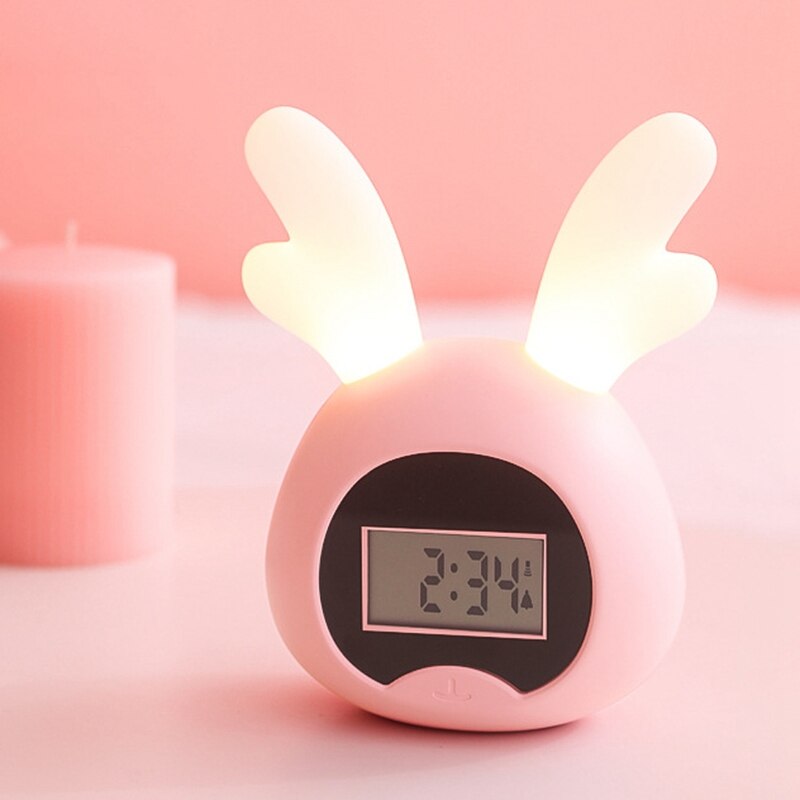 Cute Lighted Antlers Wake Up Digital Alarm Clock for Kids Press Control USB Charge Large Display LED Night Light Clock