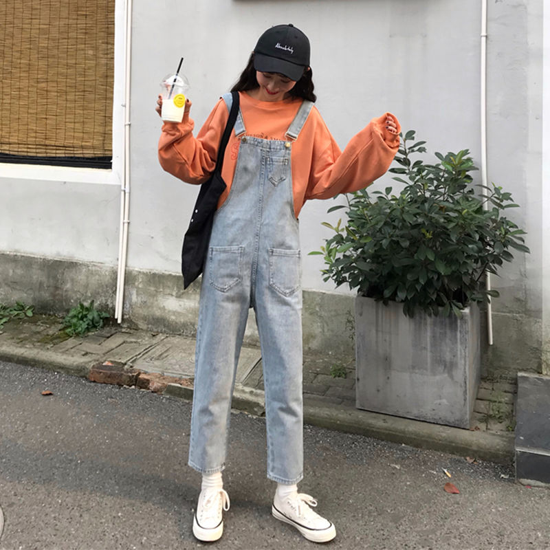 Jumpsuits kvinder lige koreansk stil plus størrelse denim ankellang all-match streetwear dame komfortabel lomme bf: G86 blå / M