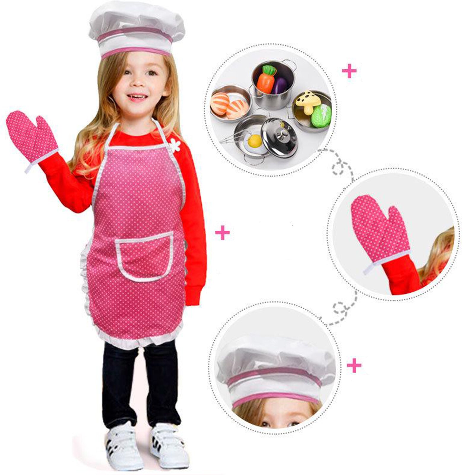 Kokkesæt til børn ,4 stk madlavningssæt til drenge piger toddler rollespil kok kostume med forklæde, kok hat, ovn mitt pad