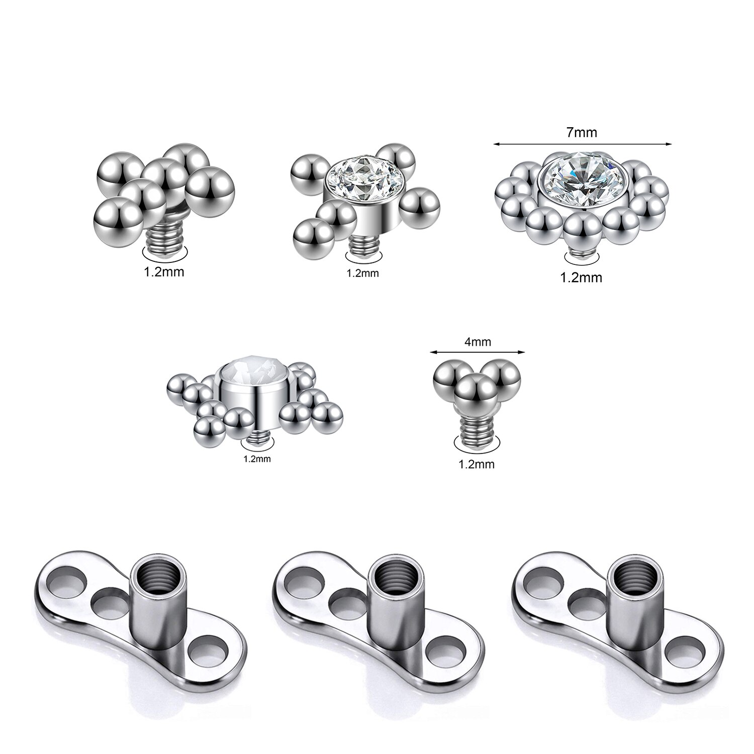 ZS 1 Set 2.5/3/4MM CZ Crystal Micro Dermal Piercing Men Women Stainless Steel Dermal Anchor Surface Piercings Opal Skin Diver: Blue white zinc plated