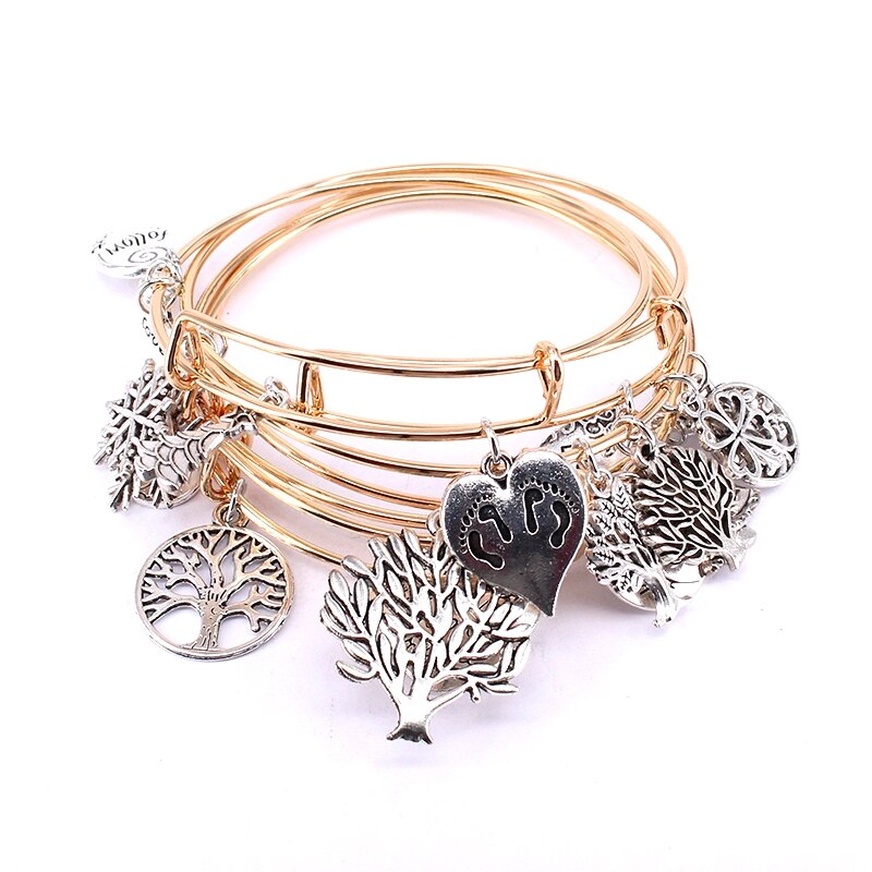 5 stücke Armreif einstellen Draht Armbänder für Frauen Mädchen Jewllery gemischt Leben Baum Charme Erweiterbar Armbänder für Weihnachten C038: Hellgelb Gold Farbe