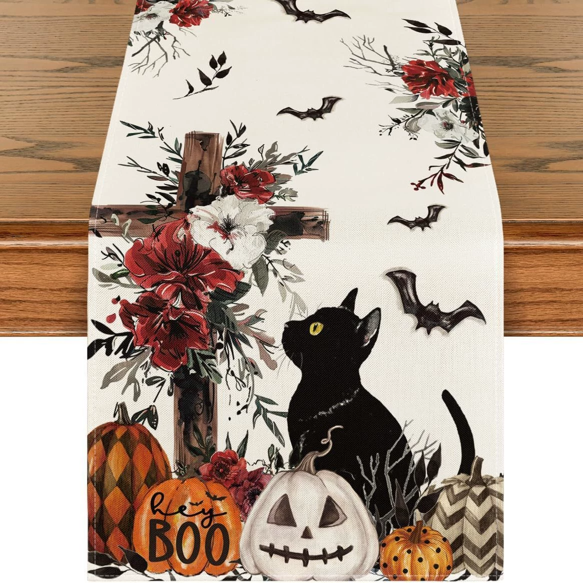 Spökblommor löv halloween bordslöpare, säsongsbetonad höst kök matbordsdekoration för hemfestdekor: 32*210cm / Lila
