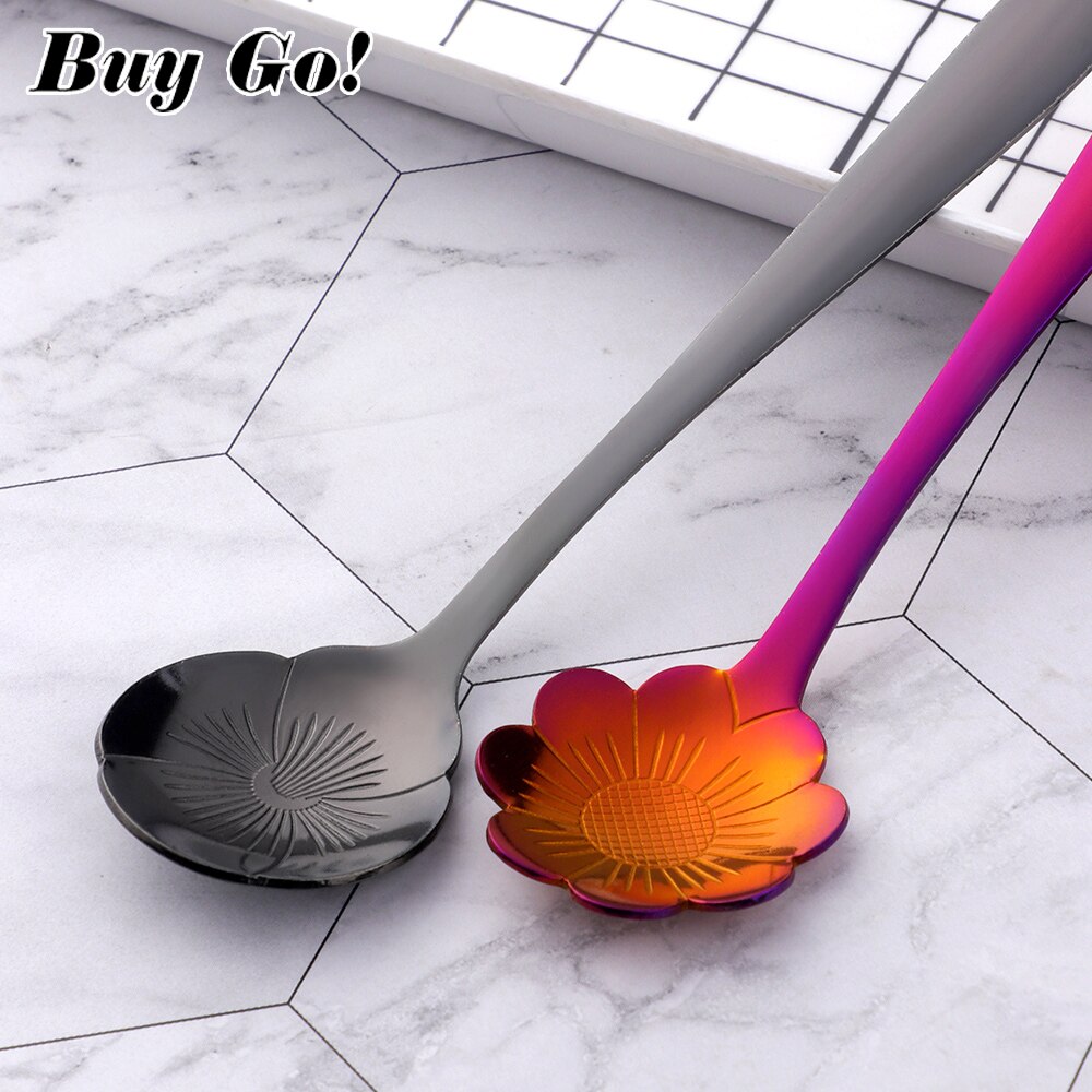 Cuillère à mélanger dorée en acier inoxydable, 2 pièces, de fleurs, petite cuillère à café, thé, sucre fantaisie Dessert cuillère à café Bar café vaisselle