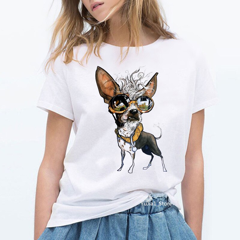 Chihuahua Rijden Op Een Motorfiets Bedrukt Grappige T-Shirts Vrouwen Wit Vintage T-Shirt Femme Esthetische Kleding Hondenliefhebber Zomer Top