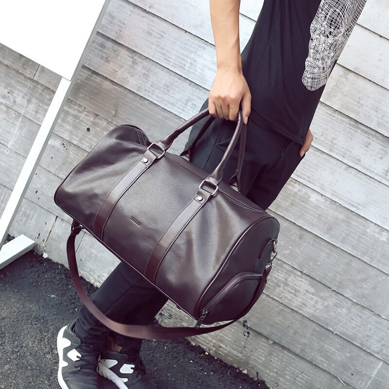 Men Black Leather Travel Bag Big Large Duffel Round Tote Women Men's Gym Over the Shoulder Bags for Shoes Pocket Handbags XA96WC