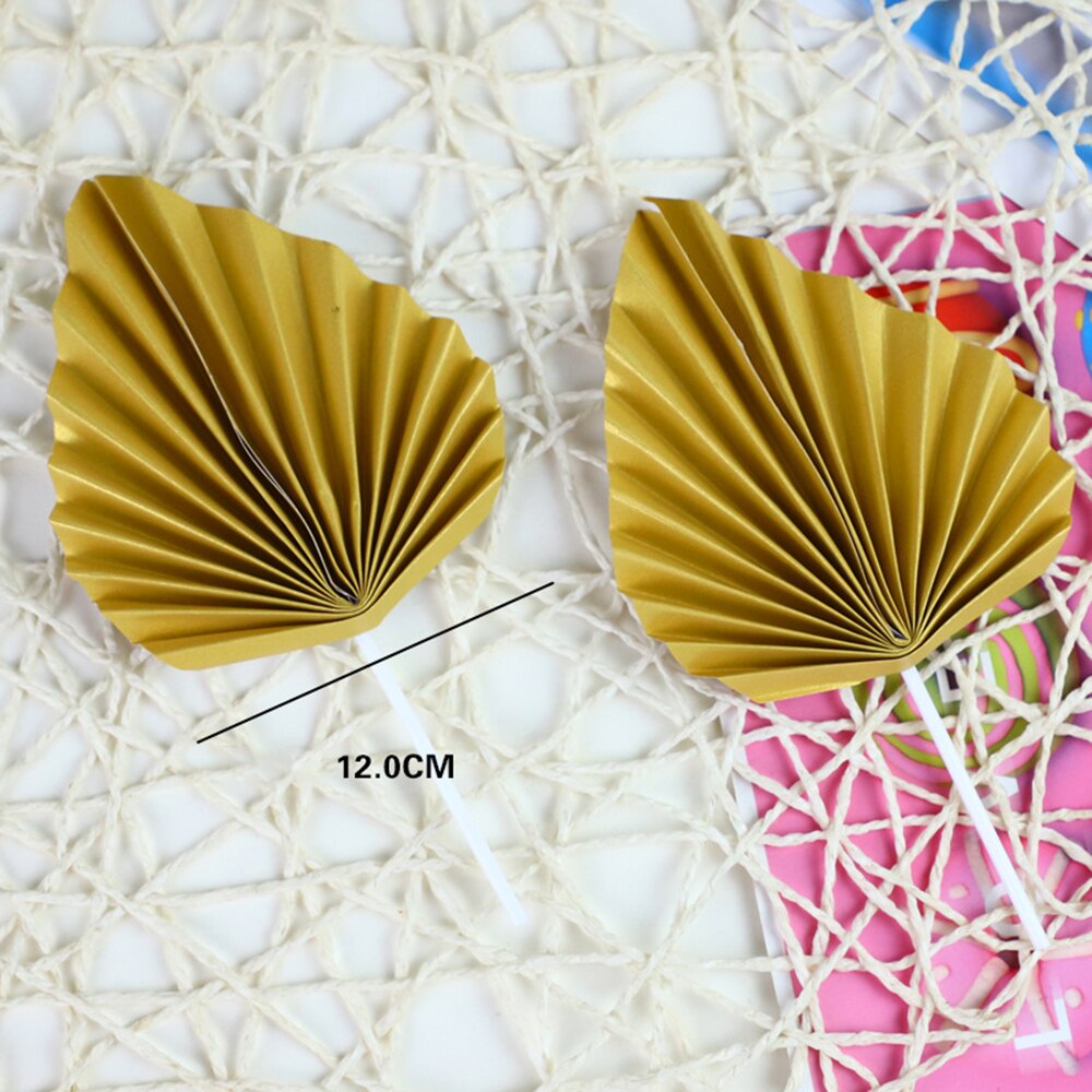 2Pcs Papier Fan Cake Topper Gouden Palm Leaf Verjaardagsfeestje Decoratie Verjaardag Taart Insert Picks Topper Vlaggen Cake Decorating tool: Gold