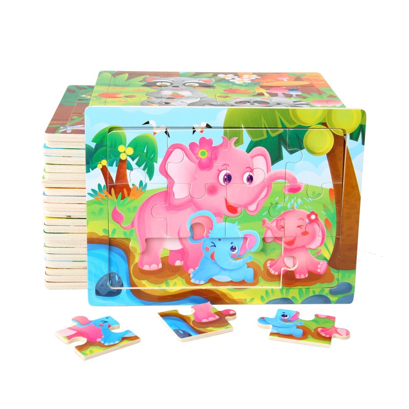 Frühe Bildung Spielzeug Puzzle 1Pcs Holz 12 Stück Baby Cartoon Tier kinder Spielzeug 15*11CM