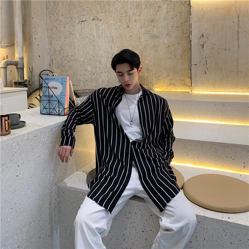 Hombres Streetwear Hip Hop suelta Casual camisas a rayas de hombre camisa de manga larga estilo playa prendas de vestir exteriores Cardigan