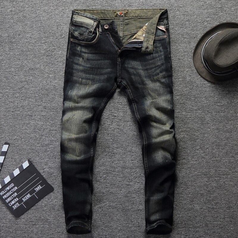 Klassiska jeans män vintage jeansbyxor i bomull slim fit retro tvättade slitna jeans för män byxor