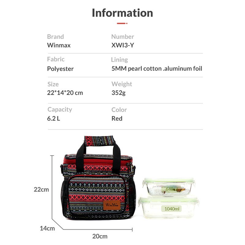 Winmax Rode Bohemen Stijl Draagbare Thermische Geïsoleerde Koelere Zakken Voor Vrouwen Kids Mannen Mode Picknick Voedsel Wijn Verse Houden Lunch tas