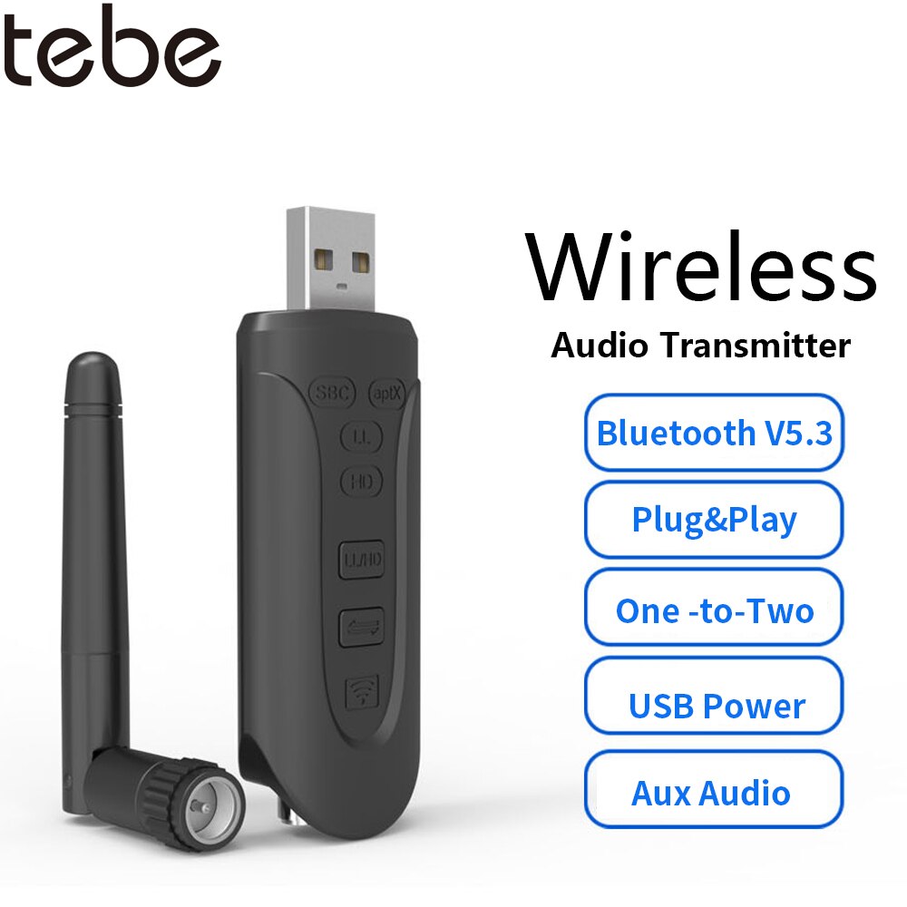 Tebe Bluetooth-Compatibel 5.3 Stereo Audio Transmitter Adapter Aptx Usb Draadloze 3.5Mm Aux Muziek Dongle Met Antenne Voor pc Tv