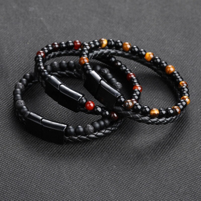 Natural Stone + Leather Men Bracelet Business Jewelry Bead Bracelet for Stainless Steel Magnetic Mature Boy Accessories