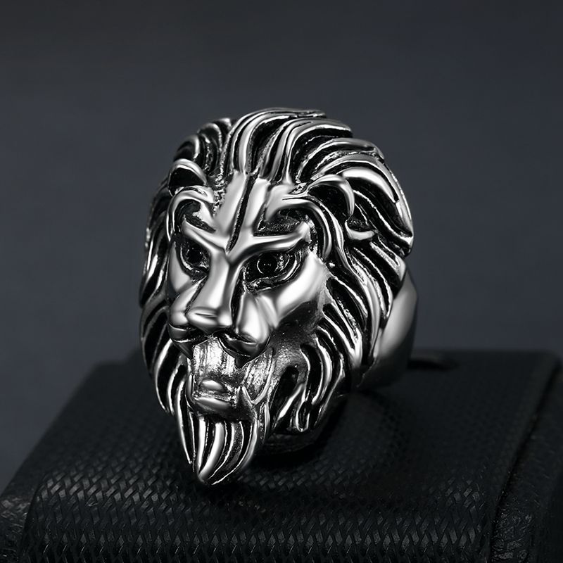 Anillo de cabeza de león de acero inoxidable 316L HNSP para hombres, accesorios de joyería para dedo de estilo Animal Hip Hop: 10 / Negro