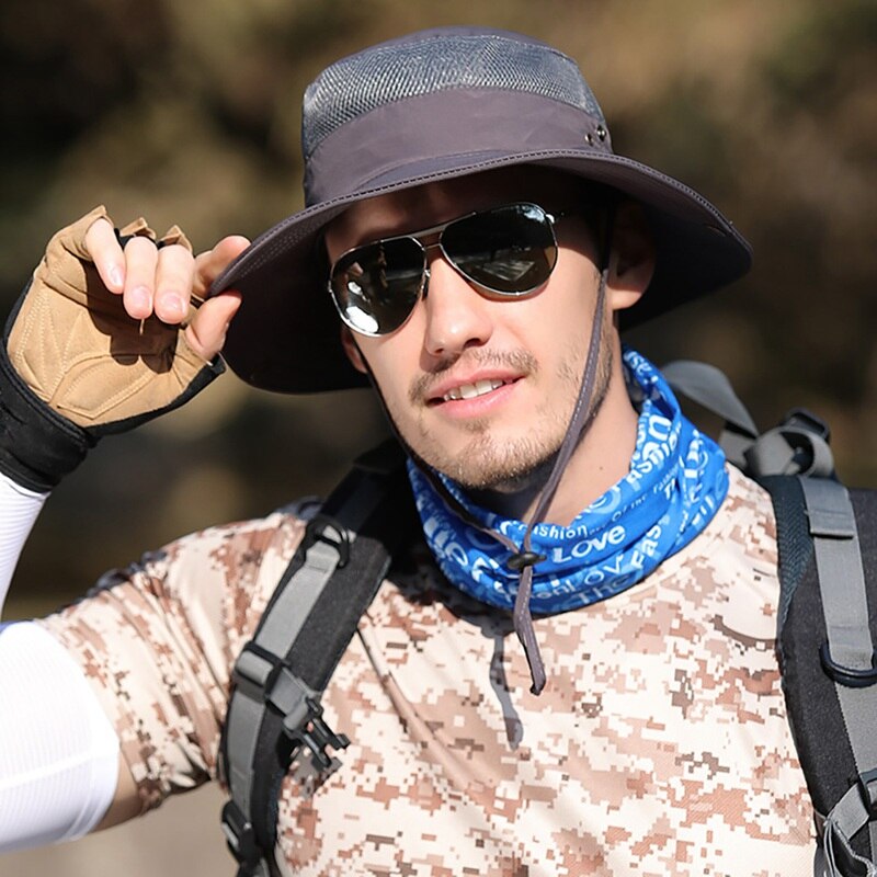 Balde chapéu de secagem rápida leve dobrável sombrinha ao ar livre pescador boné com queixo corda caqui: QJ2470SH