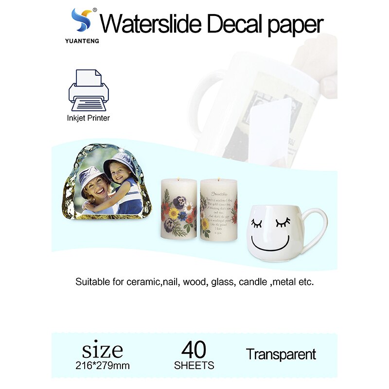 Waterslide Decal Paper Inkjet Clear Transparent Printable Water Transfer Papers Water Slide Decal Foil Tansfer Sheet Letter Size: 40 Sheets
