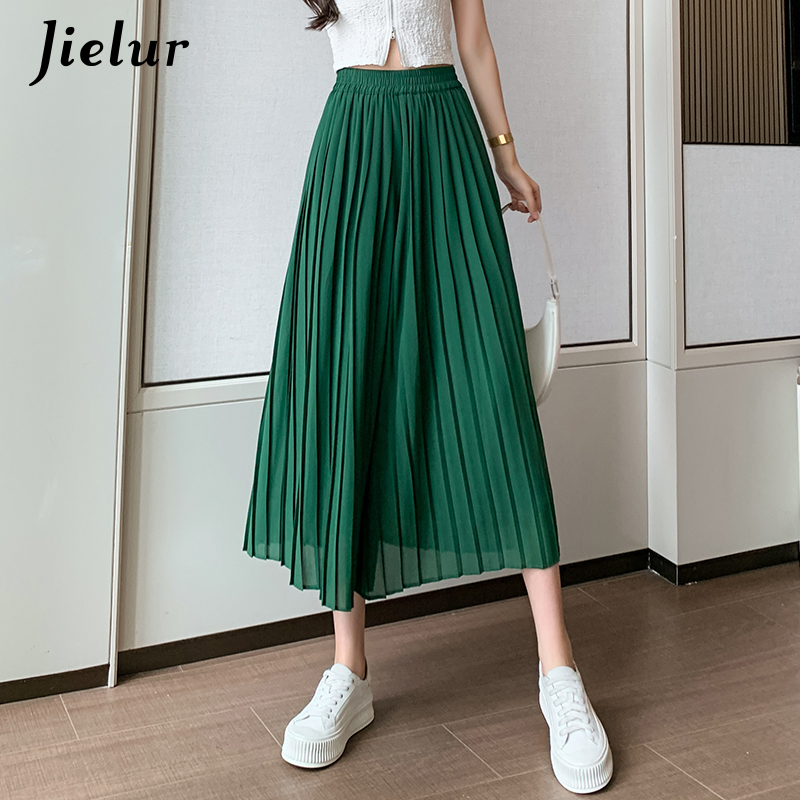 Jielur sommer plisserede chiffon bukser med brede ben kvinder casual sorte midi bukser nederdele kvindelige højtaljede lige kvinder #39 ;s bukser: Grøn / M
