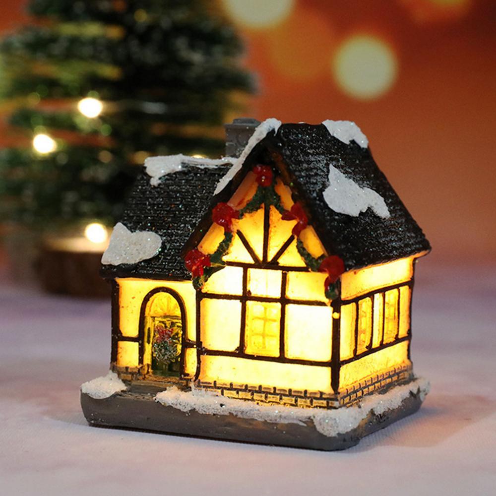 Christmas Scene Village House Resin Luminous LED Snow House for Home Winter Xmas Party Miniature Ornaments Decor: F