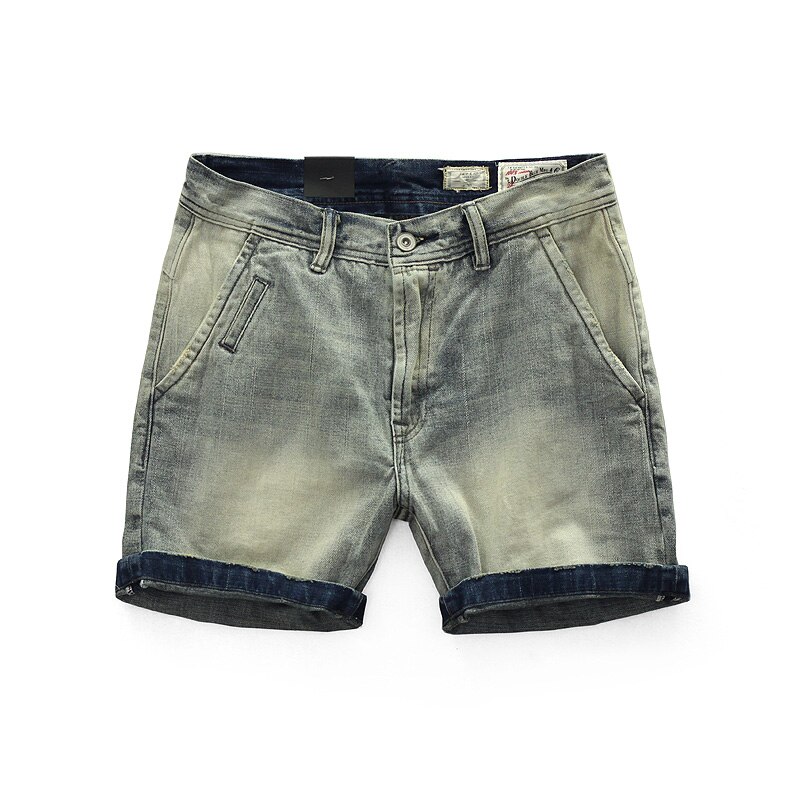 Män sommar japanstil vintage jeansshorts i bomull man casual mellan midja enfärgad tvättade streetwear jeansshorts: Färg 1 / 30