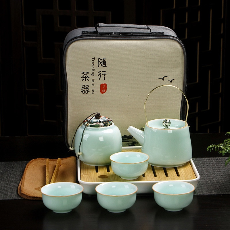 Chinese Travel Kung Fu Tea Set Ceramic Celadon Teapot Porcelain Teaset Gaiwan Tea Cups of Tea Ceremony Tea Pot With Travel Bag