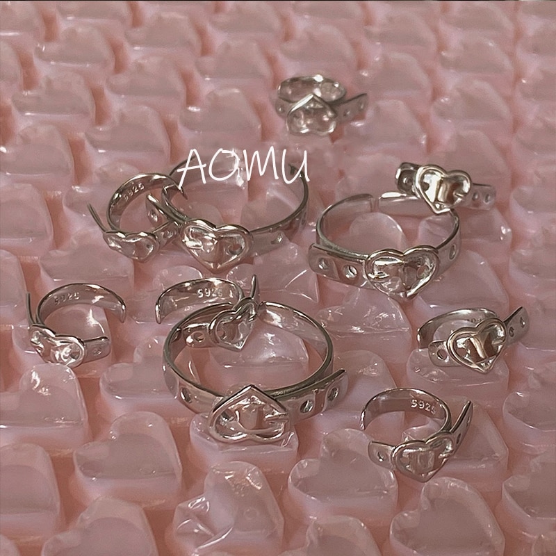 AOMU Koreanische Neue Gürtel Herz Ringe Für Frauen Mädchen modisch Jahrgang Silber Farbe Öffnung Einstellbar Ring Spezielle Schmuck