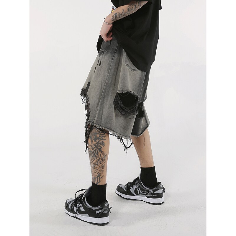 Black Washed Destroyed Denim Jeans Shorts Baggy Streetwear Swag Ripped Jeans for Men Hip Hop Distressed Biker Wide Jeans