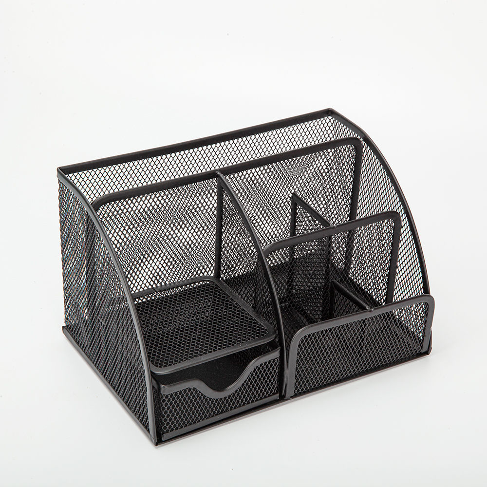 Metal Mesh Desk Organizer Desktop Office Organizer Storage Holder Desktop Pencil Pen Sundries Badge Box Stationery Supplies: black 7 grids
