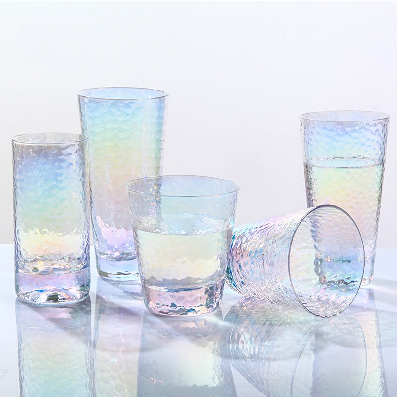 Taza Arcoiris de cristal martillado, vaso de agua colorido, taza de vino colorida, vaso de bebida de vidrio, florero de Copa, 6 uds.
