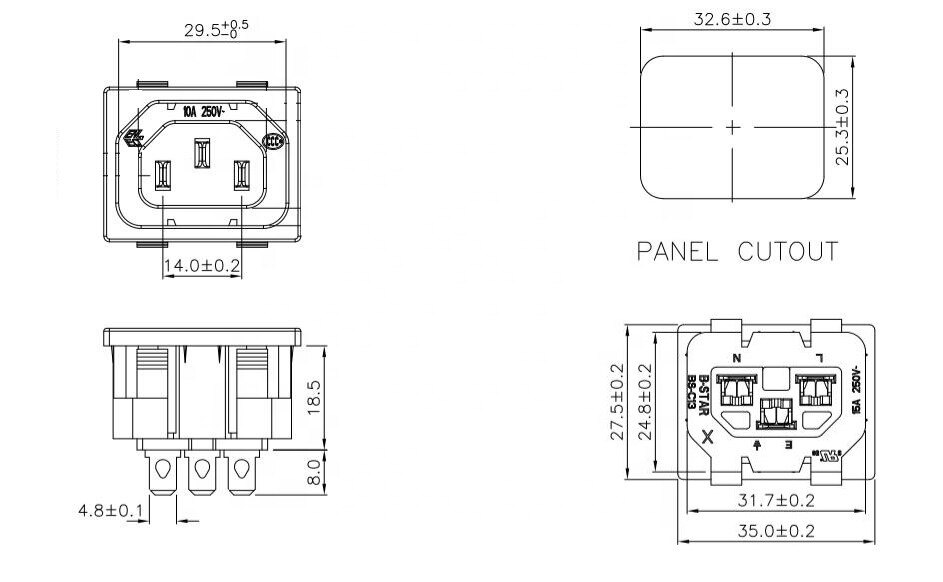 snap in type iec 320 power c13 female connector socket 250V 10A