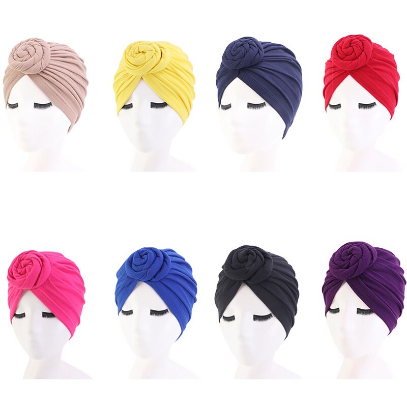 mujer europeo y americano Popular Donut turbante Color puro bola sombrero gorro de quimioterapia para Spa baño sombreros