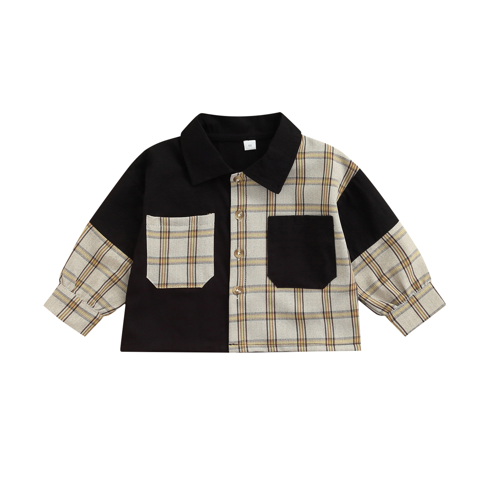 Camisa con botones para niños y niñas, Blusa de manga larga a cuadros de retazos, Top de 0 a 24 meses, para primavera y otoño: Negro / 18 meses