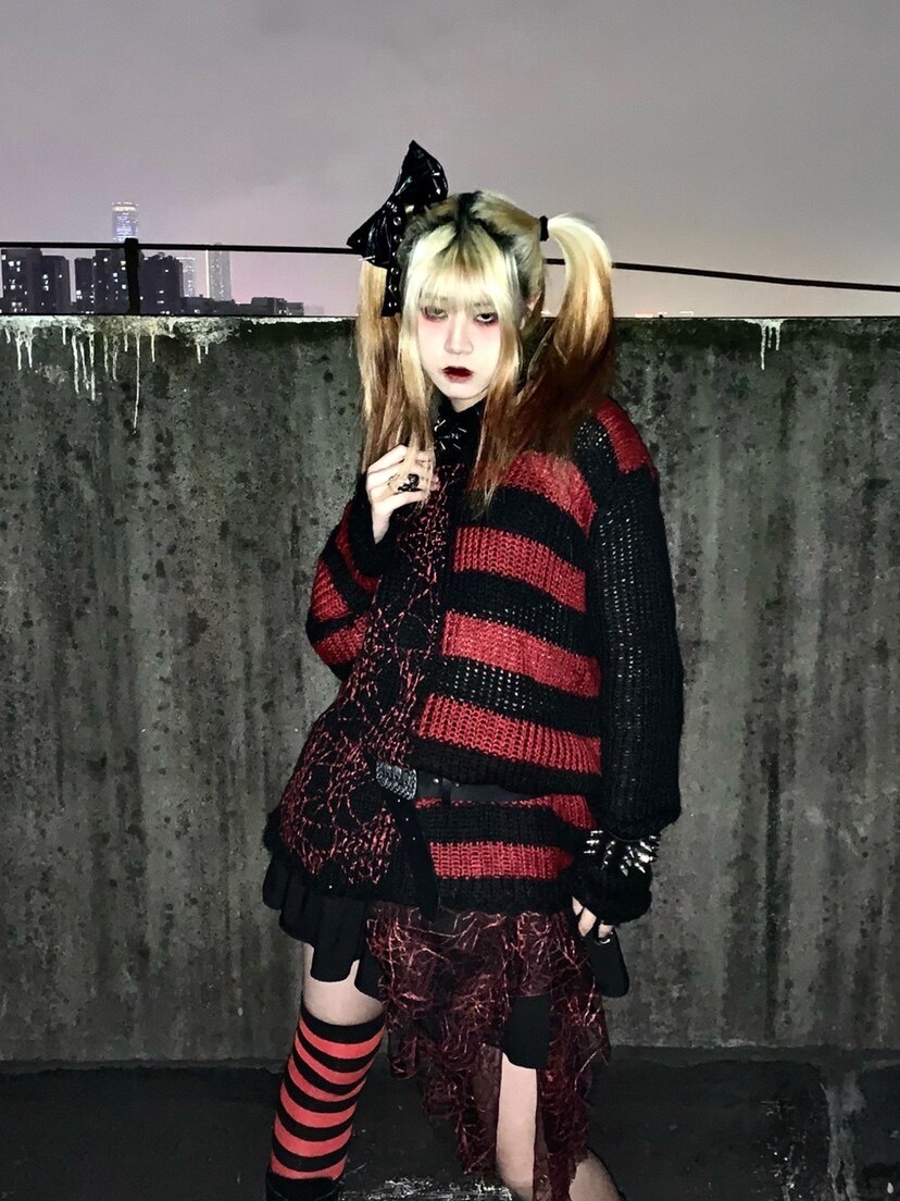 Gothic Punk Spider Patchwork Gestreepte Gebreide Trui Streetwear Lente Herfst Vrouwen Kleding