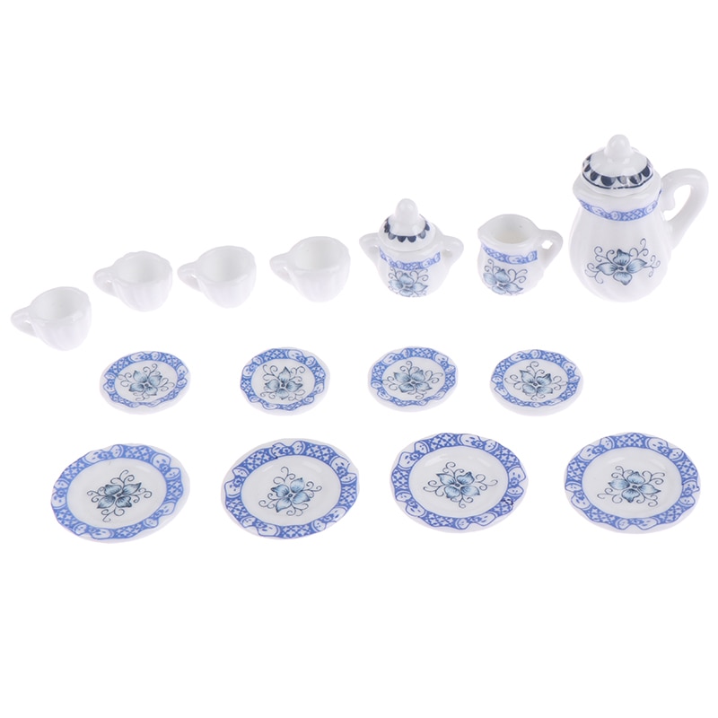 1:12 Miniature 15Pcs Porcelain Tea Cup Set Chintz Flower Tableware Kitchen Dollhouse Furniture Toys For Children