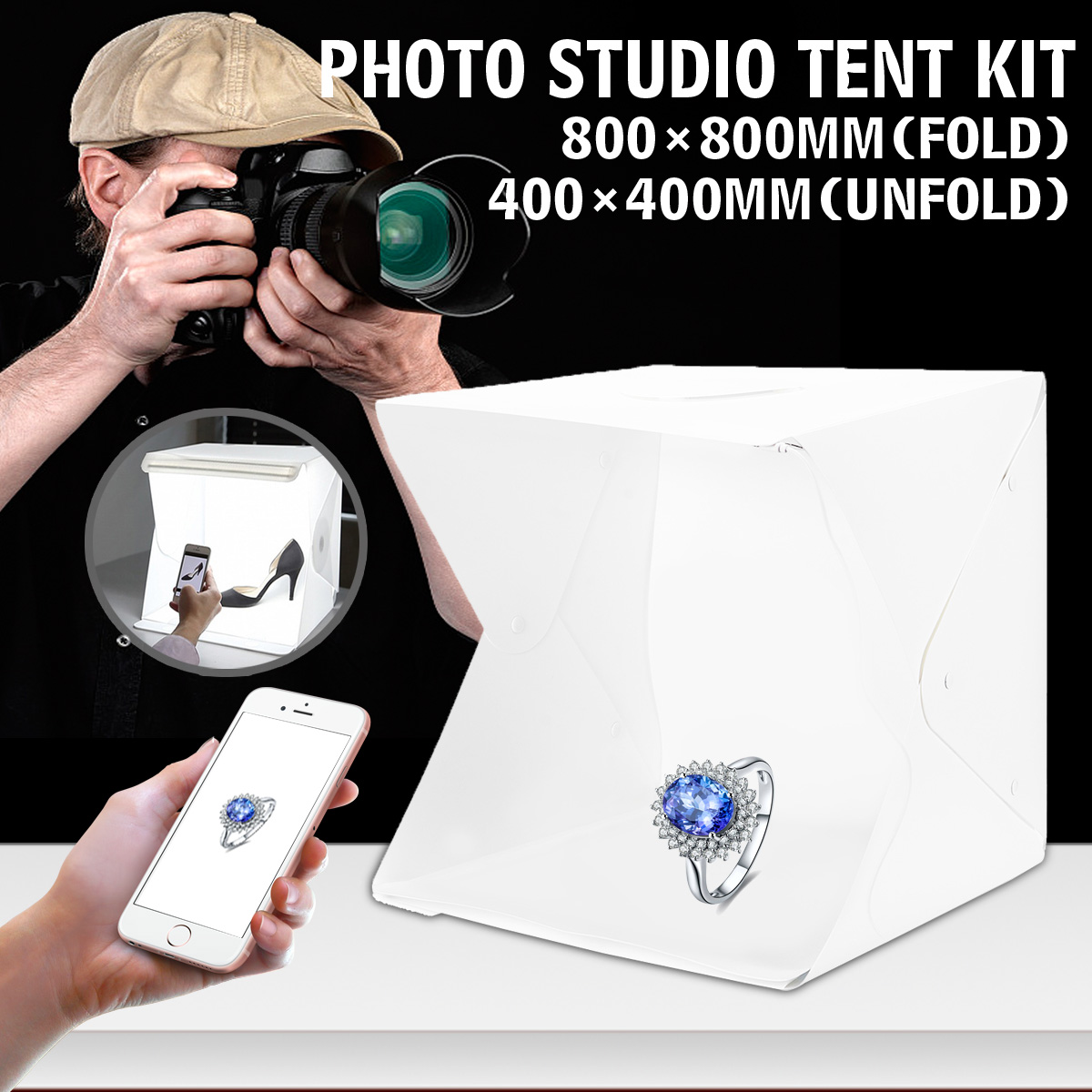 Boîte à lumière pliable Portable 800x800mm, Studio de photographie, boîte à lumière LED, Kit de tente pour téléphone, appareil Photo, arrière-plan