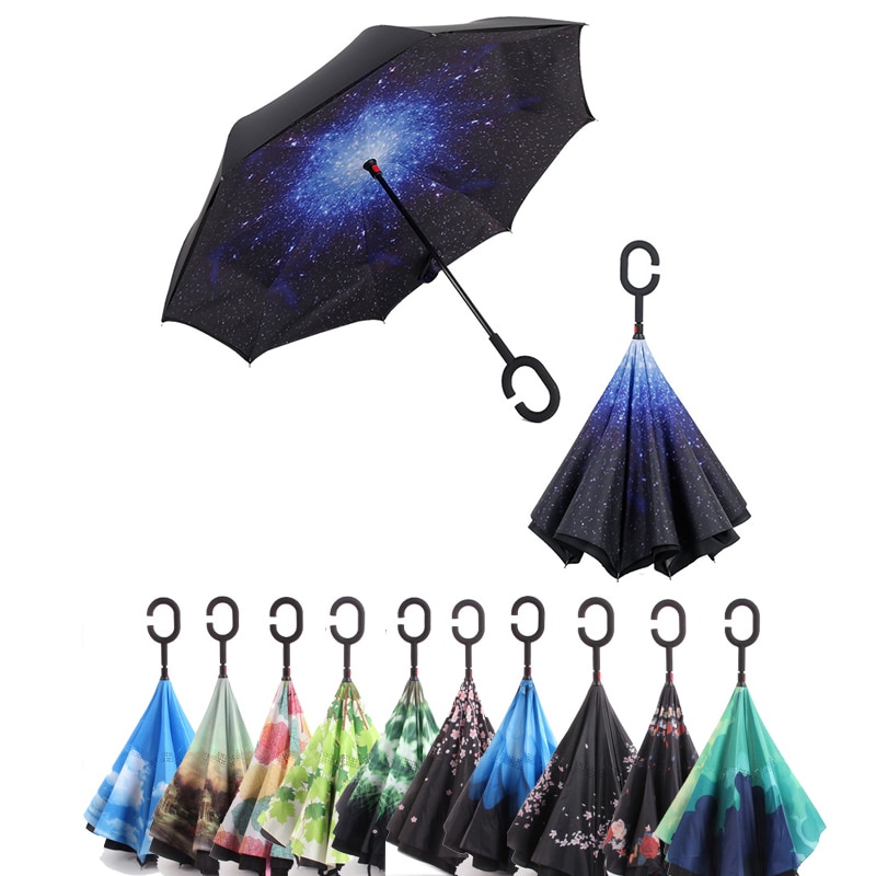 Windproof Reverse Folding Umbrellas Double Layer Inverted Umbrella C Handle Stand Rainy And Sunny Women Men
