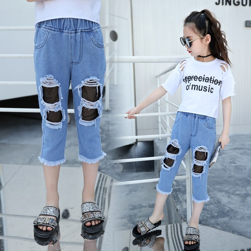 freundlicher Mädchen Kalb-länge Zerrissene Jeans Hosen Für Jugendliche Denim Jeans Für Mädchen 4 5 6 7 8 9 10 11 12 13 jahre Throusers