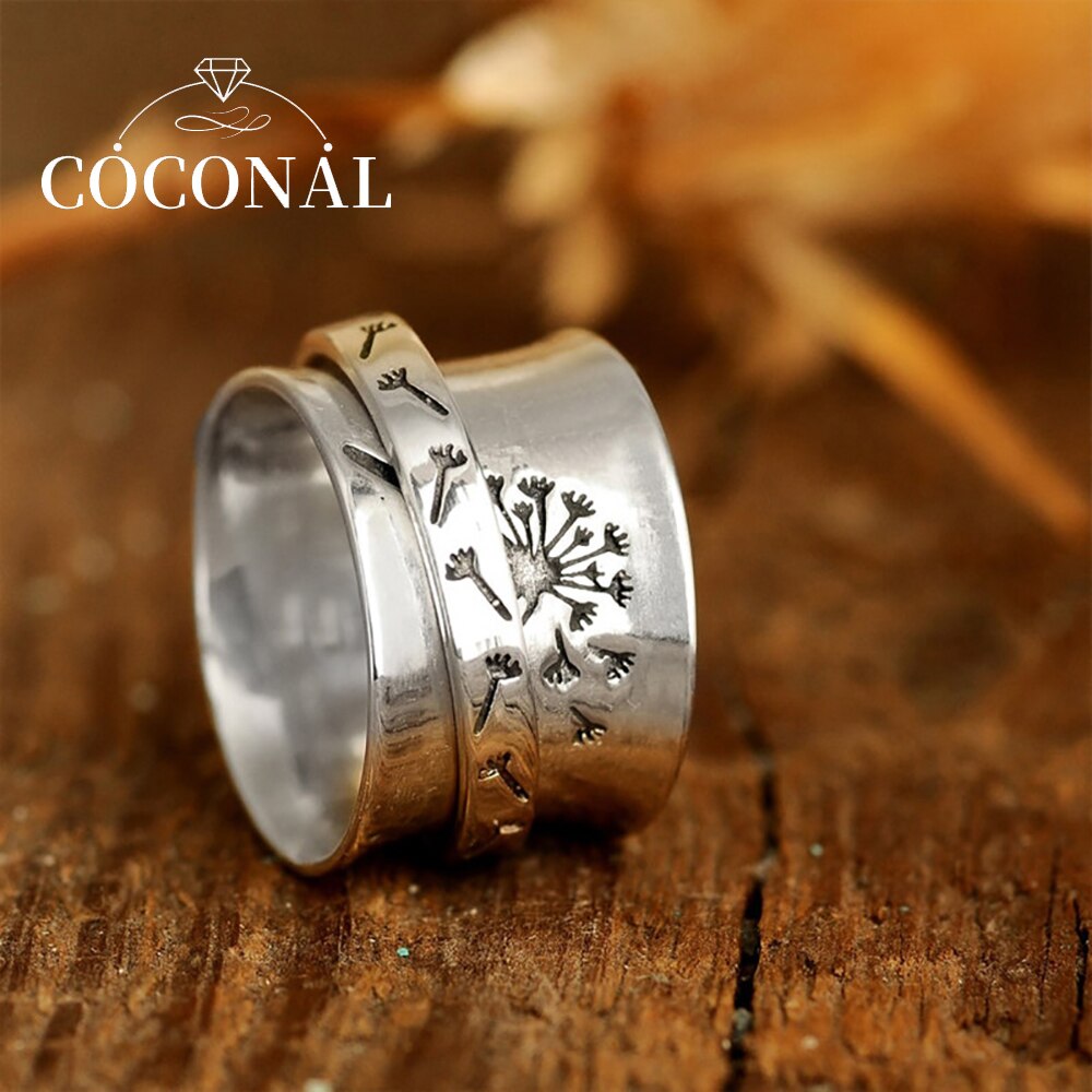 Coconal Vintage Boho Vrouwen Paardebloem Bloem Draaibare Ring Voor Persoonlijkheid Vrouwelijke Gesneden Ringen Band Sieraden Accessoires