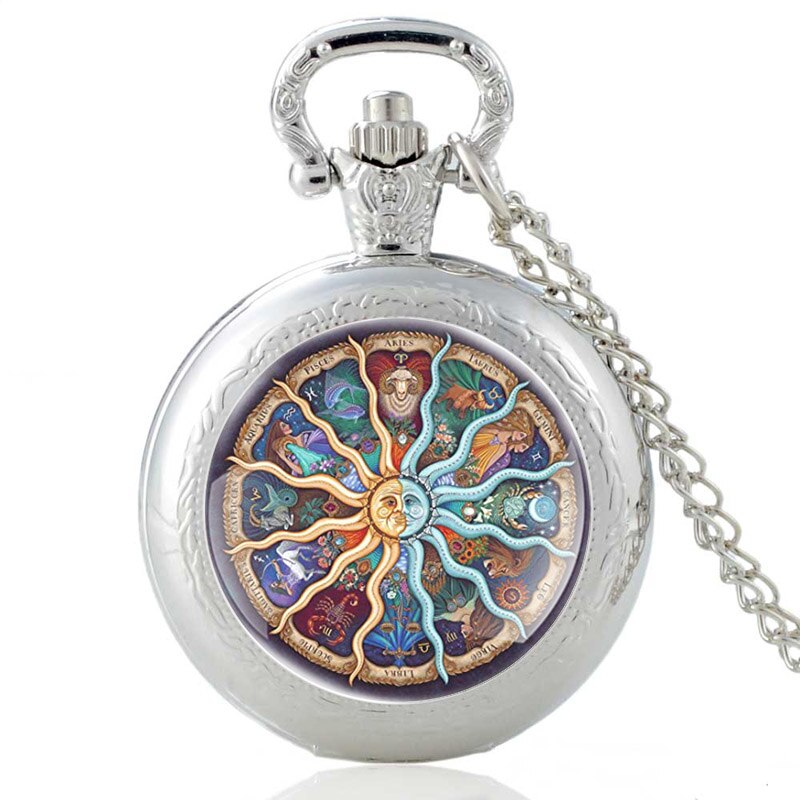 Soleil lune astrologie douze Constellations Bronze Quartz montre de poche hommes femmes pendentif collier heures horloge: Silver