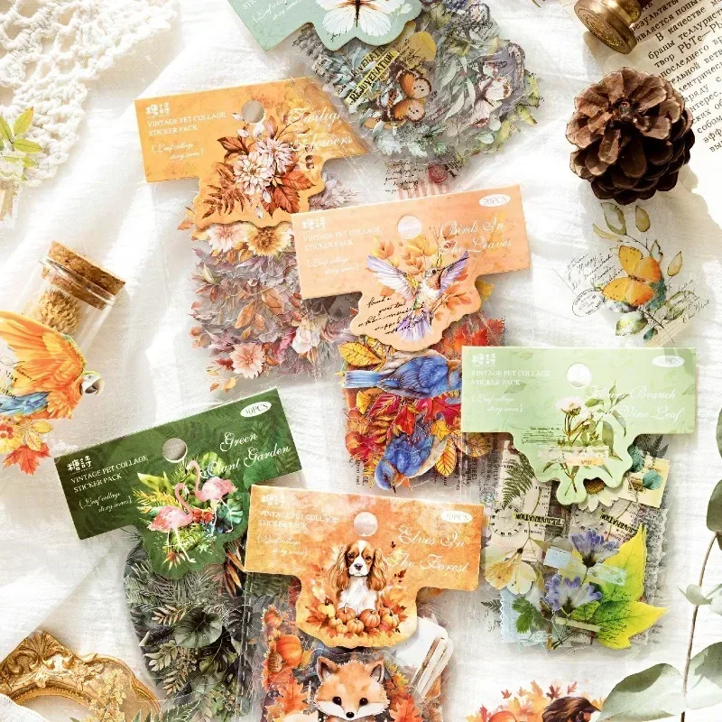 30Sheet Scrapbook Supplies PET Sticker Bag leaf Collage Story Retro DIY Decorative Handbook 110*78mm Materials Package