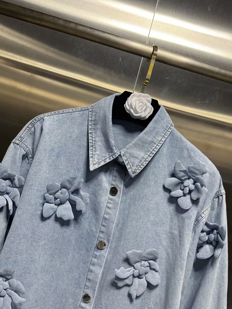 Vgh solide Patchwork Applikationen lässige Jeans jacken für Frauen Revers Langarm minimalist ischen losen Mäntel weiblichen Modestil
