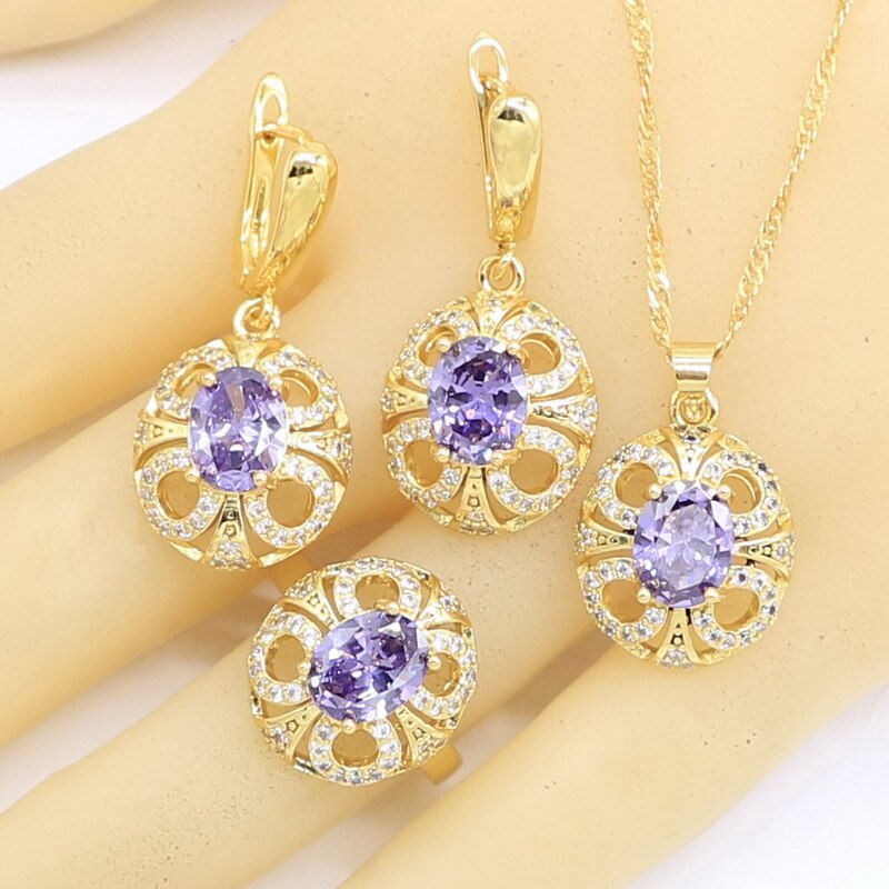 Neue Olive Green Zirkon Gold Farbe Schmuck Sets für Frauen Ohrringe Halskette Anhänger Ringe Box: Purple